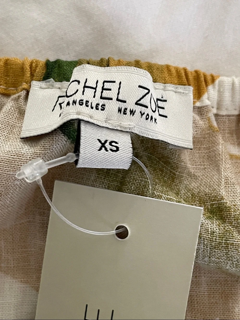 Rachel Zoe Linen Cropped Short Puff Sleeve Wide Neck Shirt Top Green Floral NWT